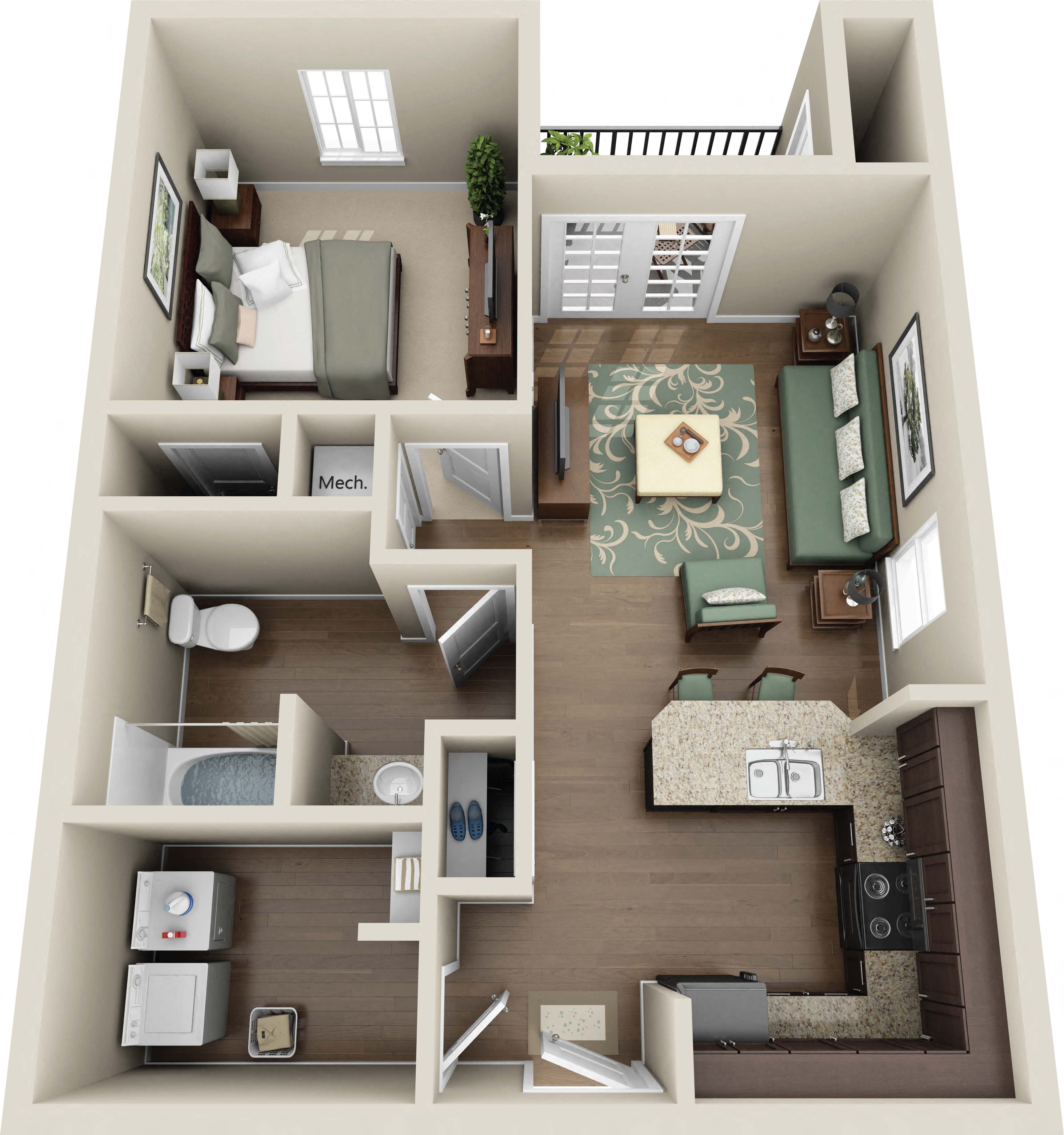 Floor plan for 1 bed, 1 bath, 774 sqft